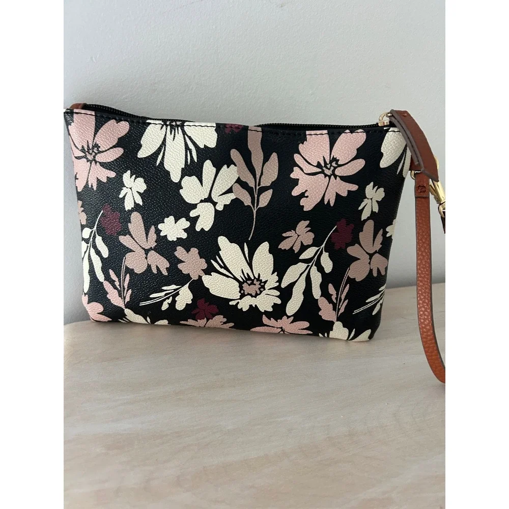 Anne Klein Floral Wristlet Clutch Bag Black Pink Cream Gold Hardware